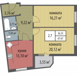 Двухкомнатная квартира 67.67 м²