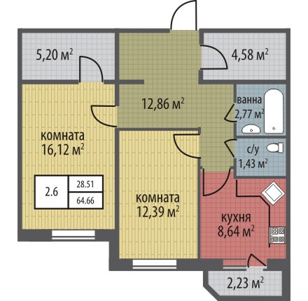Двухкомнатная квартира 64.66 м²