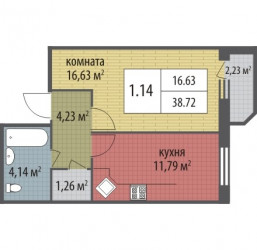 Однокомнатная квартира 38.72 м²